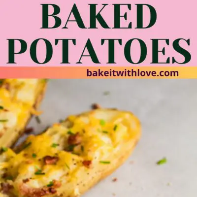 tall pin with 2 images of the twice baked potatoes on white background.