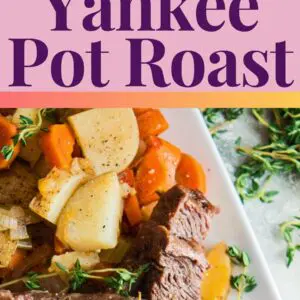 pin image showing a side view and an overhead of the crockpot yankee pot roast served on a white platter