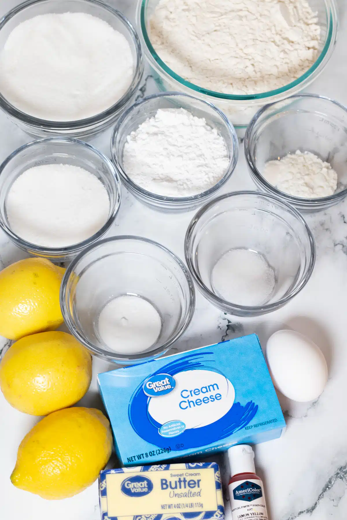 Lemon cream cheese crinkle cookie ingredients measured out and ready to mix, chill, and bake.
