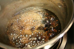 mongolian sauce simmering in the saucepan