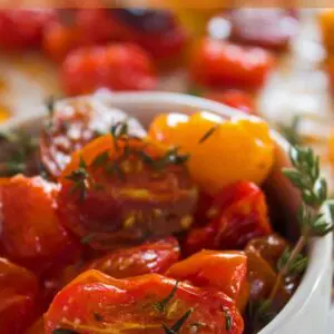 Tasty cherry tomatoes oven roasted with thyme and olive oil!