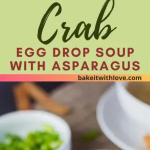 pin with an overhead image of the dished crab egg drop soup and a tall closeup image.