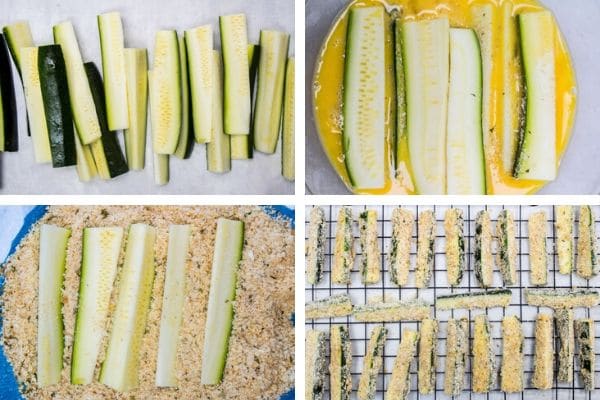 Making crispy baked zucchini fries, 4 step dredge station with parmesan bread crumb coating
