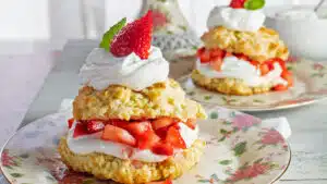 Best strawberry shortcake dessert recipe just like my Grandma made them with tender semi-sweet biscuits with a touch of citrus and layers of macerated strawberries and homemade whipped cream.