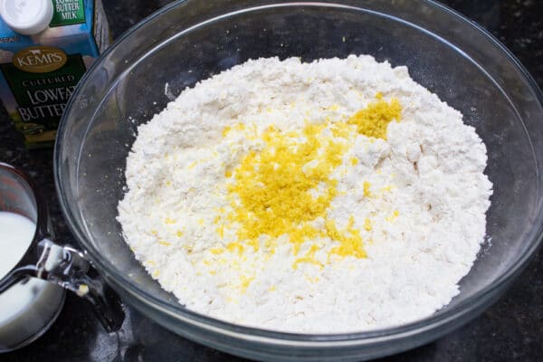 shortcake dry ingredients including lemon zest ready to be combined before adding the buttermilk