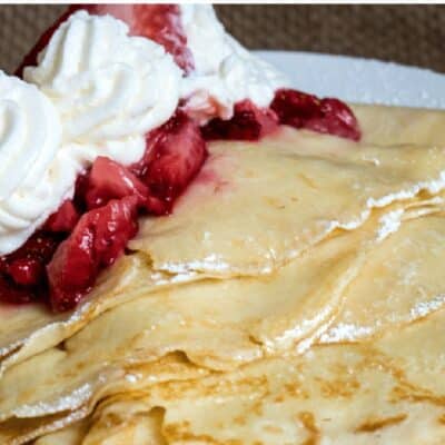 Pin image of strawberry buttermilk crepes.
