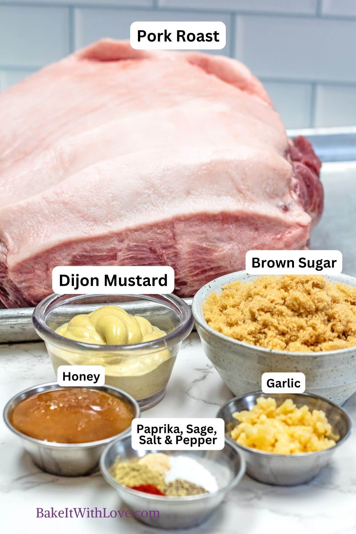 Ingredients with labels for brown sugar and Dijon-crusted pork roast, including pork roast, Dijon mustard, brown sugar, honey, garlic, and spices.