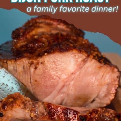 Easy brown sugar dijon pork roast recipe pin with the sliced roast and text title header.