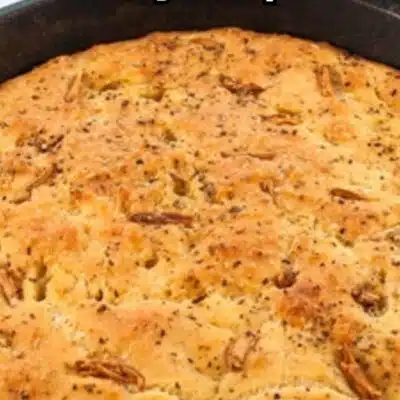 Pin image with text Cast Iron Focaccia Bread.