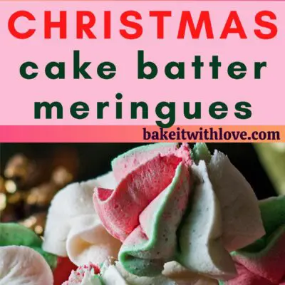 tall pin with two images of the christmas cake batter meringues and text divider.
