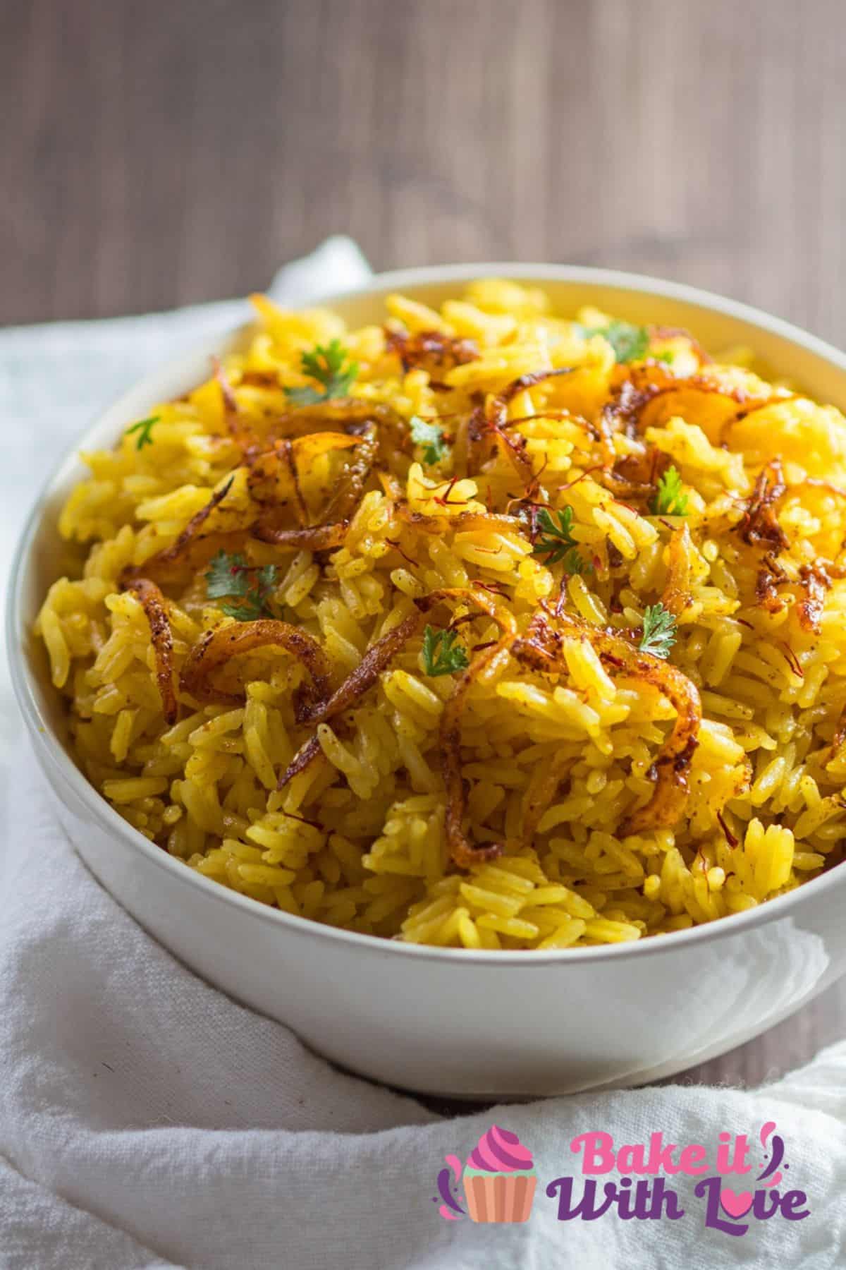 Tall image of saffron jasmine rice.