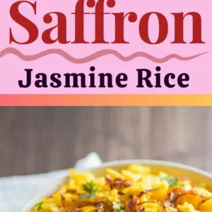 pin with 2 images of the cooked saffron jasmine rice dished up in a white bowl for serving.