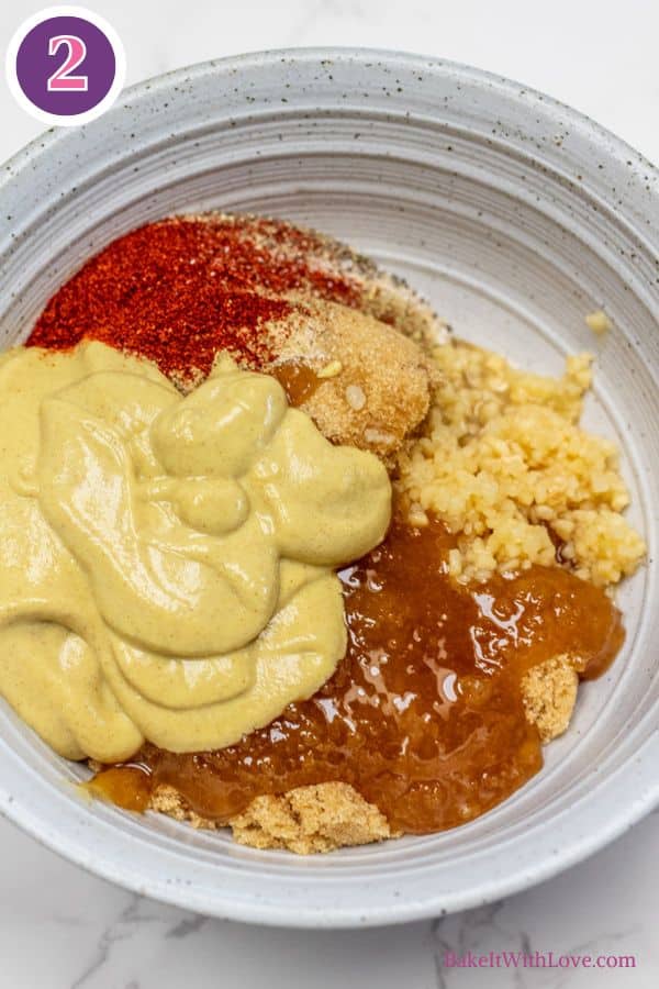 Brown sugar dijon pork roast process photo 2 showing the sugar and mustard glaze ingredients in a small bowl.