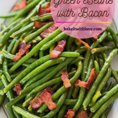 pin with overhead image of garlic green beans with text overlay.