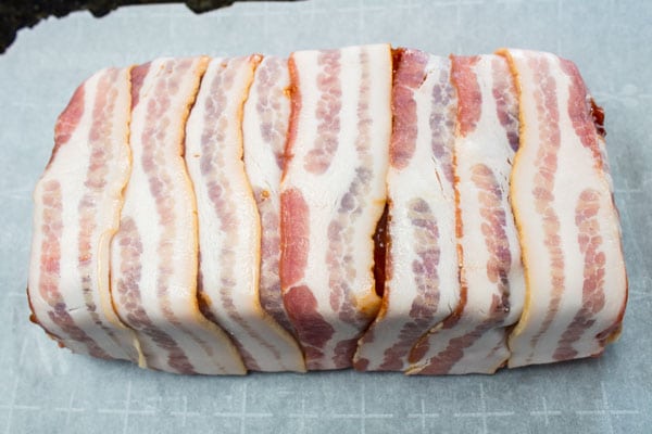 bacon wrapped meatloaf formed and released from the loaf pan
