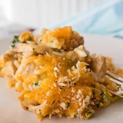 Square image of a serving of chicken divan casserole.