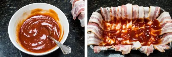 ketchup glaze being mixed in a small bowl and coating the inside of the bacon layer
