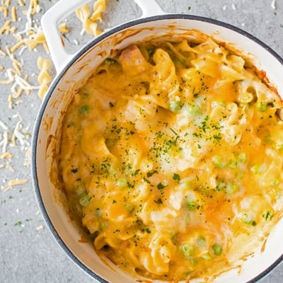 The family classic tuna noodle casserole, topped with all sorts of cheesy goodness!
