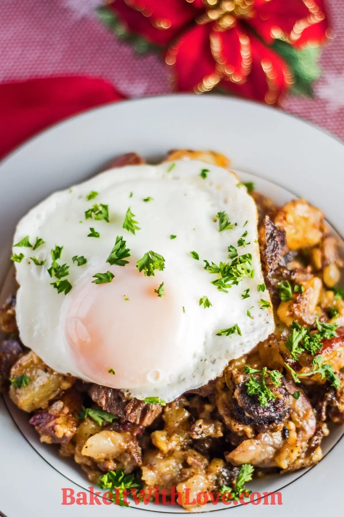 Leftover prime rib hash served with egg after the holidays.