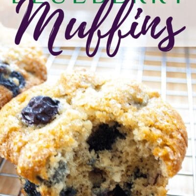 Banana blueberry muffins pin with text header and muffins on wire cooling rack.
