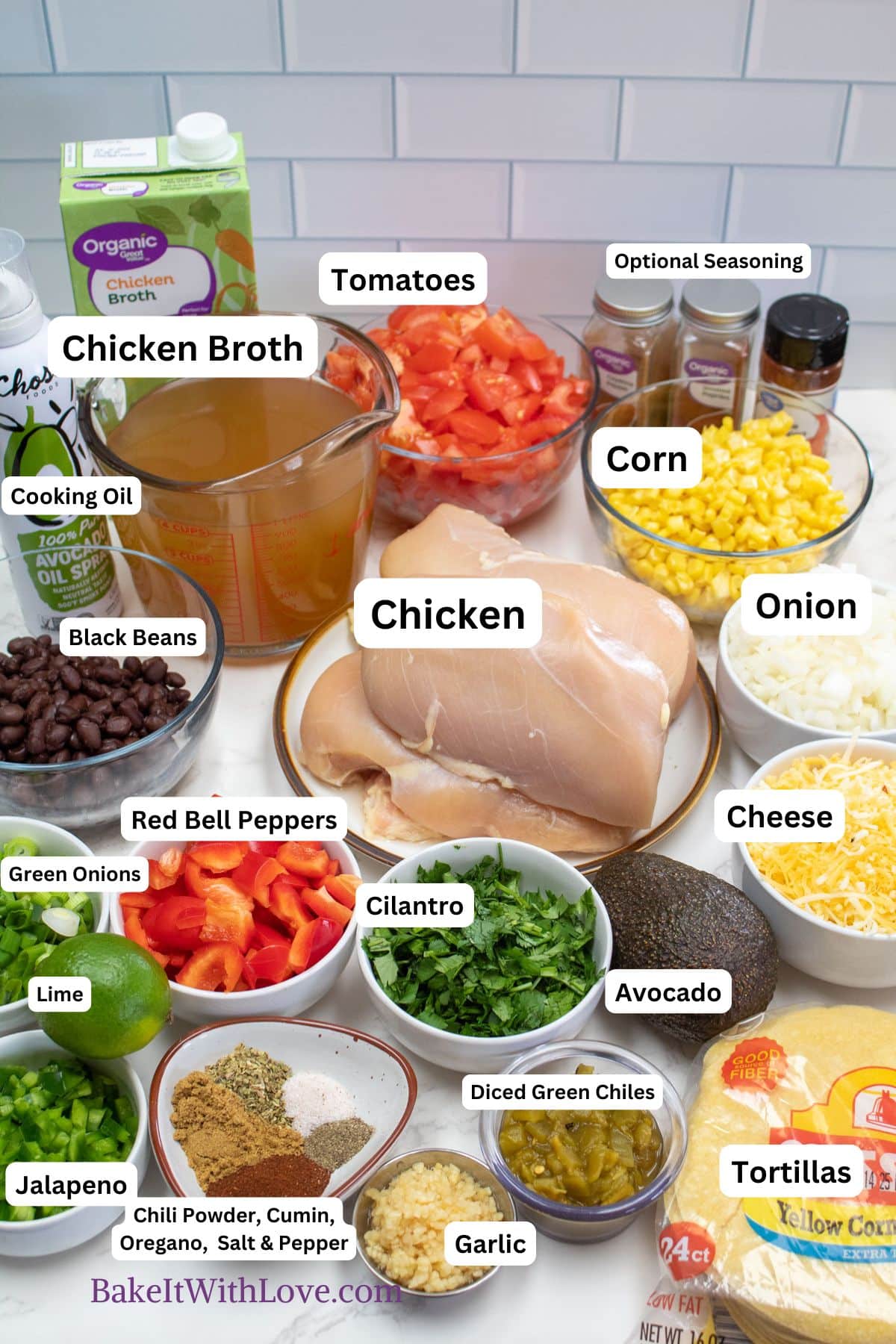Chicken tortilla soup recipe ingredients gathered, measured, and chopped ready to start the soup.