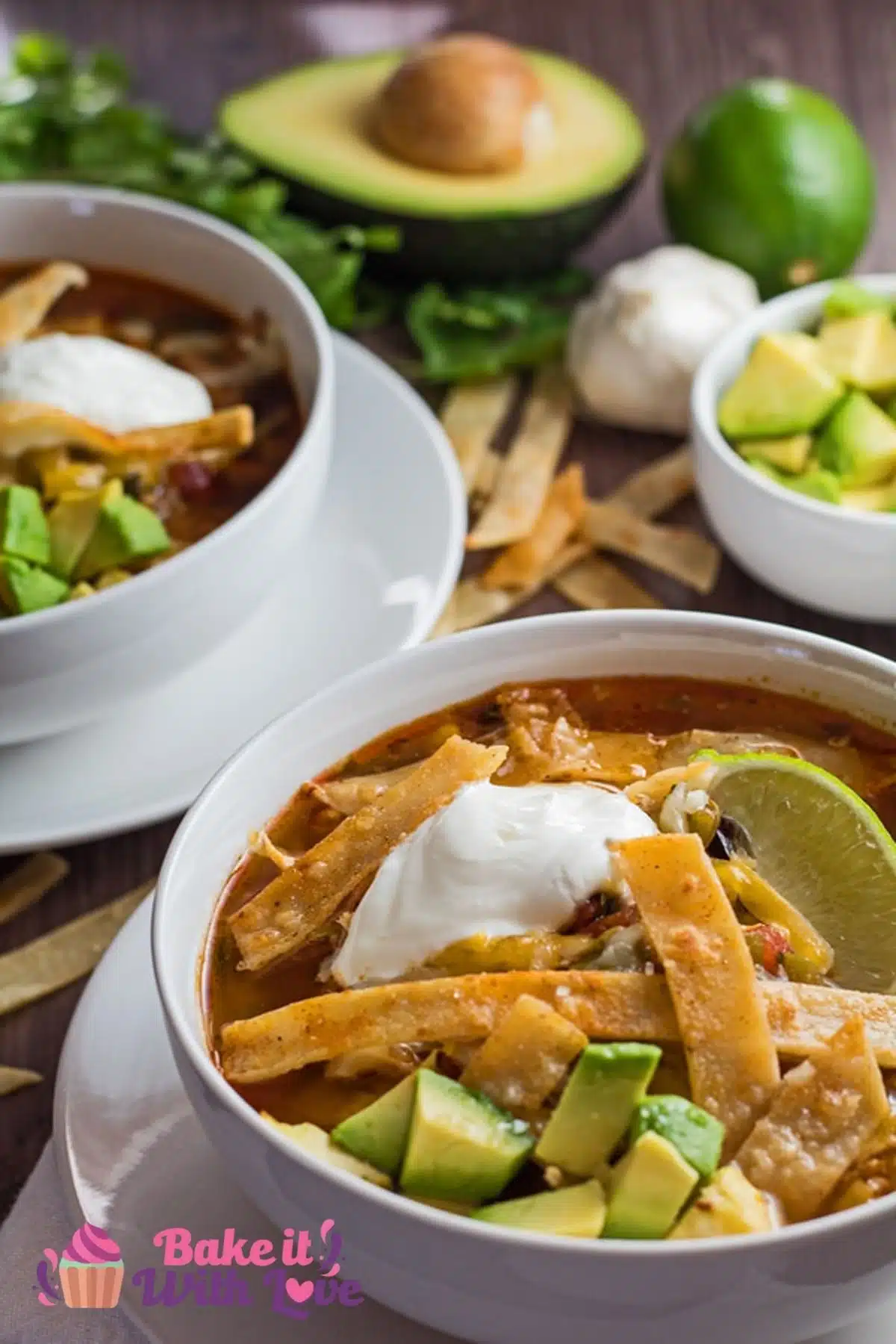 Vertical image of two bowls of chicken tortilla soup.