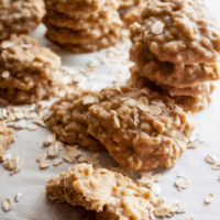 Pin image with text of Peanut Butter Oatmeal No Bake Cookies