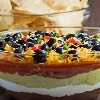 Wide side image showing the layers in 7 Layer Dip.