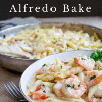 Pin image with text of a plate of garlic shrimp alfredo.
