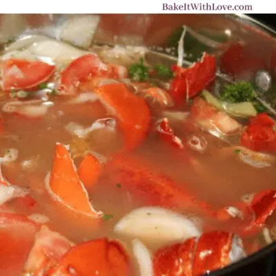 Pin image with text divider showing lobster stock in a large pot.