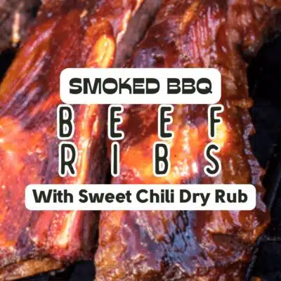 Smoked beef ribs with sweet chili dry rub pin image.