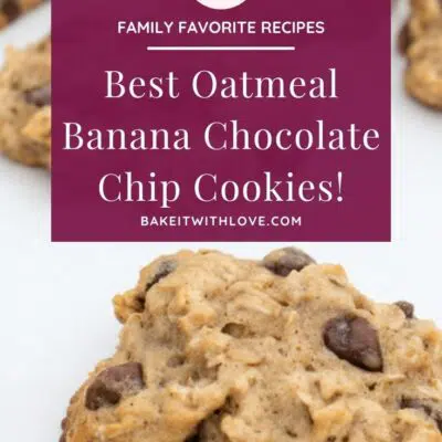 Best banana chocolate chip oatmeal cookie recipe pin with pink box and text title.