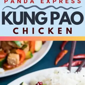 pin image with two photos of the dished panda express kung pao chicken