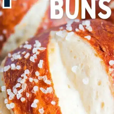 Best pretzel buns or pretzel rolls recipe pin with text title over closeup image of rolls in a basket.