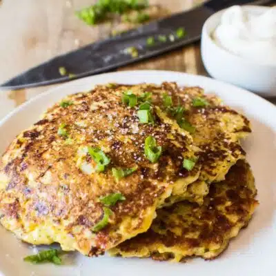 Square image of Mexican corn fritters.