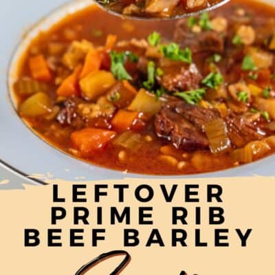 Best leftover prime rib beef barley soup recipe pin with two images of the dishes soup.