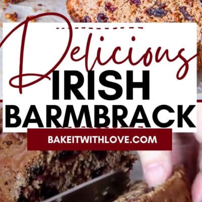 Best barmbrack recipe pin with two closeup images of the traditional Irish barmbrack bread sliced and served.