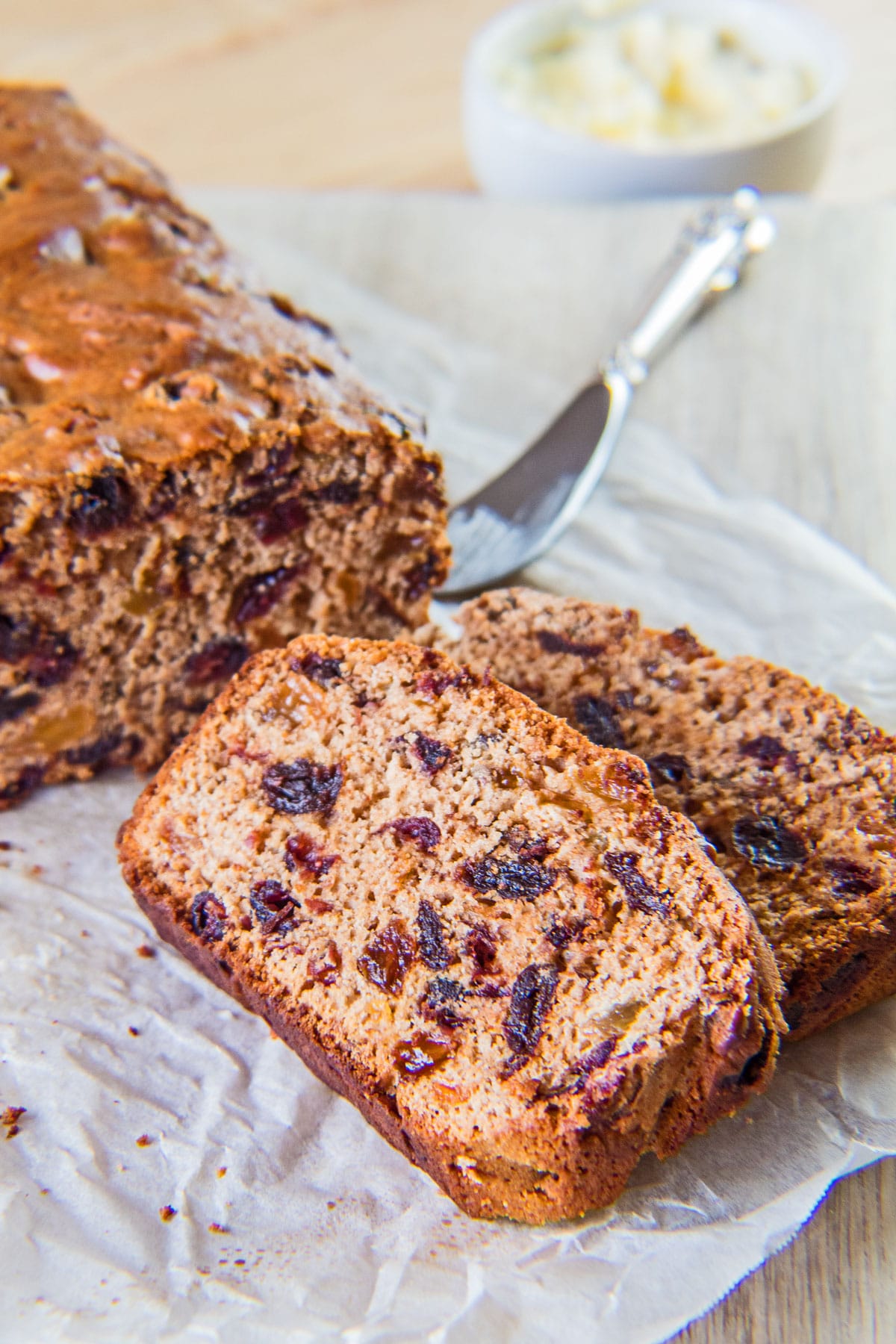 Tall image of the sliced Irish brambrack fruit bread.