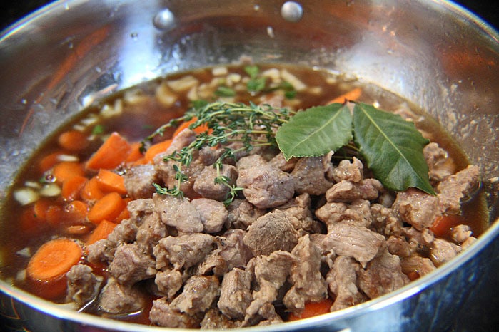 Our Irish Lamb Stew ready to bring to a simmer for our stove top cooking method.