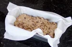 barmbrack dough transferred to loaf pan for baking.