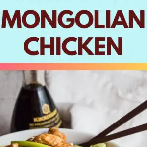Pin with 2 images of the instant pot mongolian chicken served in a white bowl.