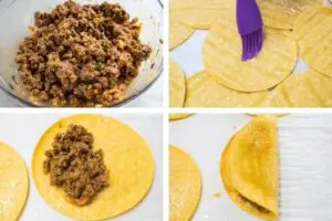 Step by step filling the taco dorados with ground beef mixture before frying them.