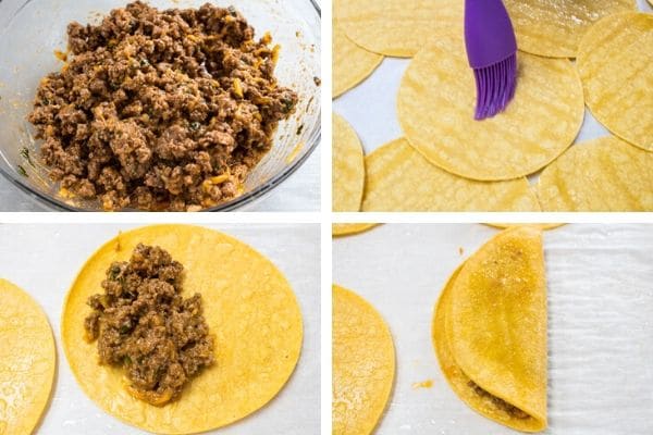 Step by step filling the taco dorados with ground beef mixture before frying them.