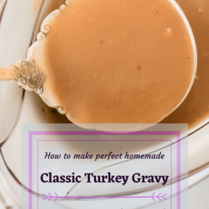 Pin image of turkey gravy being ladled out of a white dish.