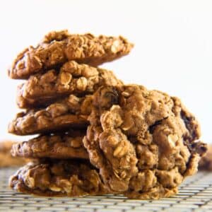 Square image of oatmeal molasses raisin cookies.