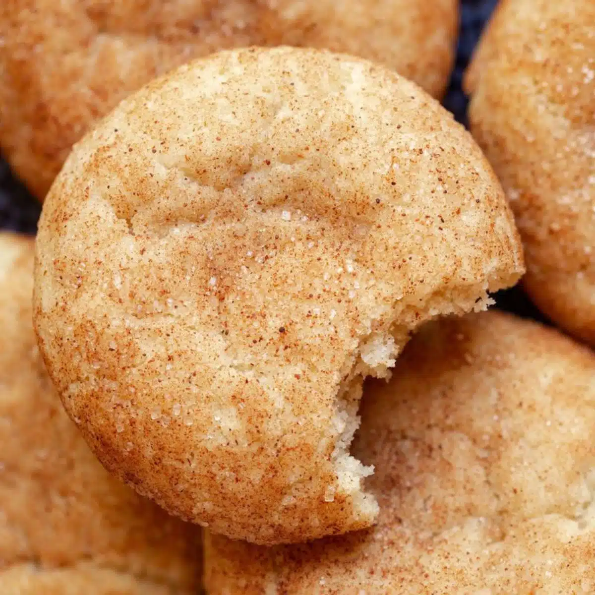 Perfect snickerdoodle cookie with a bite taken of one side.