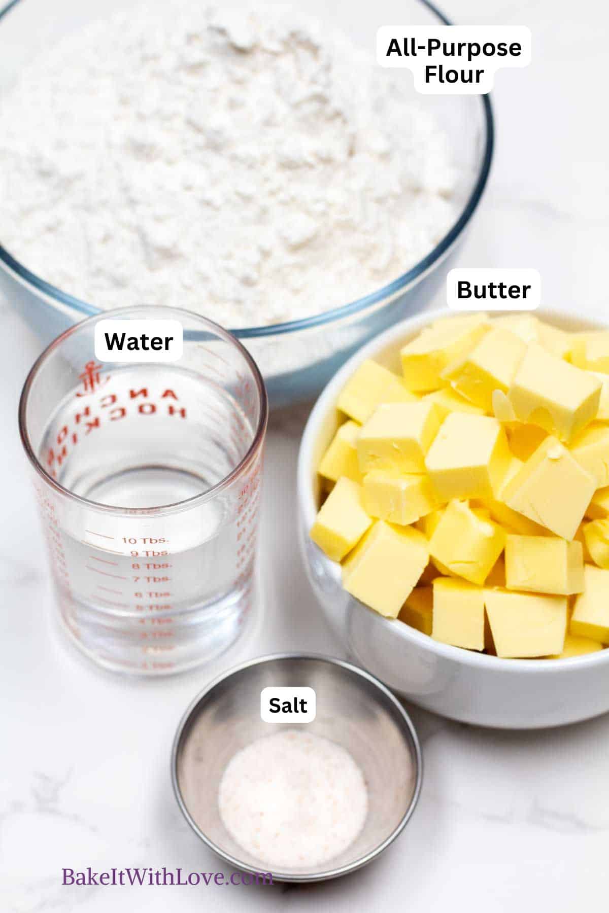 My all-butter pie crust ingredients with labels including all-purpose flour, butter, salt, and water.