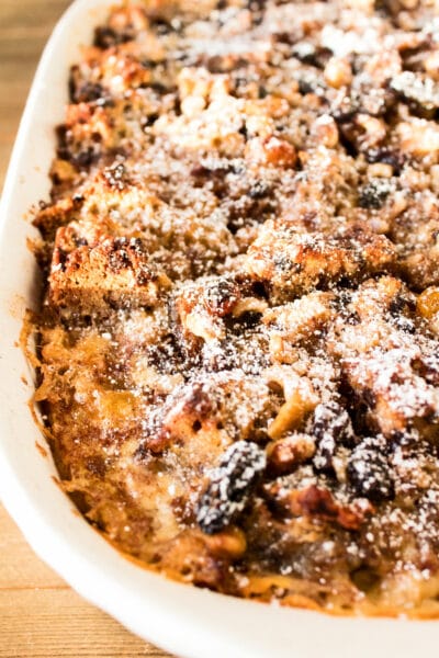 Chocolate Chip Banana Bread Bread Pudding right out of the oven