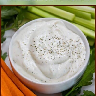 The best homemade ranch dressing recipe pin featuring a white bowl full of creamy ranch dip with text title heading.