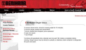 authentic Benihana ginger sauce recipe screenshot from 2004 website.